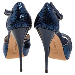 مملوكة مسبقًا Roberto Cavalli Blue Sequin T Strap Platform Open Toe Sandals Size 36