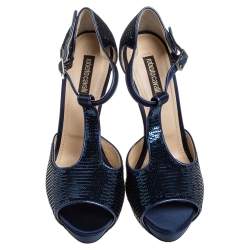 مملوكة مسبقًا Roberto Cavalli Blue Sequin T Strap Platform Open Toe Sandals Size 36