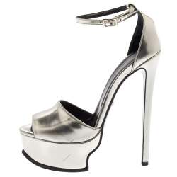 Roberto Cavalli Silver Leather Platform Ankle Strap Sandals Size 38