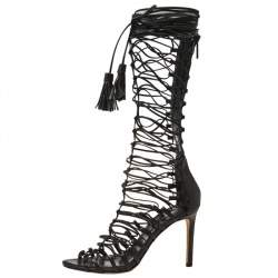 Pre Owned صندل روبرتو كافالى ملتف غلاديتور جلد أسود مقاس 37