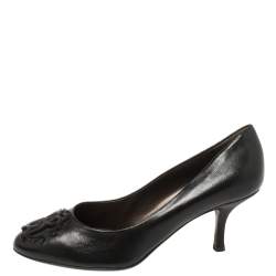 Pre Owned Roberto Cavalli Black Leather Logo Round Toe Pumps Size 37.5