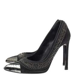 Roberto Cavalli  Black Suede Chain Detail Metal Cap Toe Pumps Size 37