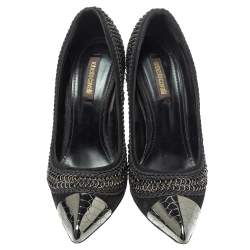 Roberto Cavalli  Black Suede Chain Detail Metal Cap Toe Pumps Size 37