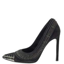 Roberto Cavalli  Black Suede Chain Detail Metal Cap Toe Pumps Size 37