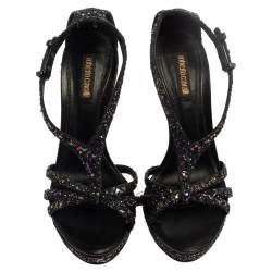 Pre Owned Roberto Cavalli Multicolor Glitter T-Strap Platform Sandals Size 37