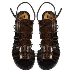 Pre Owned صندل روبرتو كافالي سيور مقدمة مفتوحة جلد بني مقاس 37.5