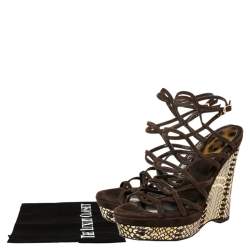 مملوكة مسبقًا صندل روبرتو كافالي سيور كعب روكي جلد ثعبان و سويدي بني مقاس 38.5