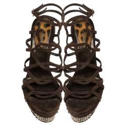 مملوكة مسبقًا صندل روبرتو كافالي سيور كعب روكي جلد ثعبان و سويدي بني مقاس 38.5