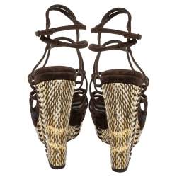 مملوكة مسبقًا صندل روبرتو كافالي سيور كعب روكي جلد ثعبان و سويدي بني مقاس 38.5