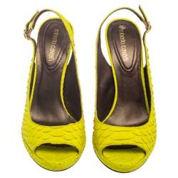 Pre Owned Roberto Cavalli Neon Green Python Peep Toe Slingback Sandals Size 38