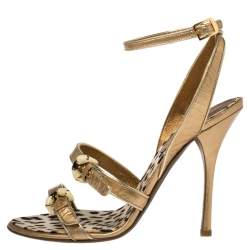 Roberto Cavalli Gold Patent Leather Buckle Detail Ankle Wrap Sandals Size 39