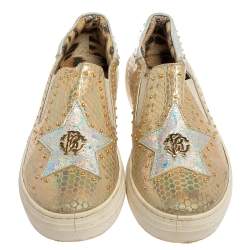 Pre Owned Robert Cavalli Gold Lizard Embossed Leather Slip On Sneaker Size 38