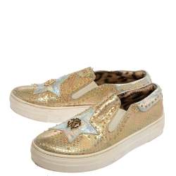 Pre Owned Robert Cavalli Gold Lizard Embossed Leather Slip On Sneaker Size 38