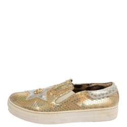 Pre Owned Robert Cavalli Gold Lizard Embossed Leather Slip On Sneaker Size 38