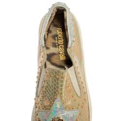 Pre Owned Robert Cavalli Gold Lizard Embossed Leather Slip On Sneaker Size 38