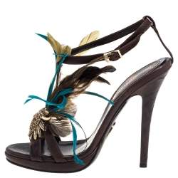 Pre Owned صندل روبرتو كافالي تفاصيل ريش جلد بني مقاس 38