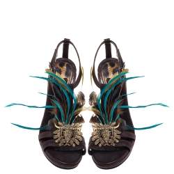 Pre Owned صندل روبرتو كافالي تفاصيل ريش جلد بني مقاس 38