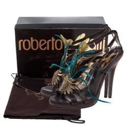 Pre Owned صندل روبرتو كافالي تفاصيل ريش جلد بني مقاس 38