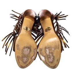 Pre Owned Roberto Cavalli Metallic Brown Leather Fringe Sandals Size 40