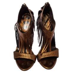 Pre Owned Roberto Cavalli Metallic Brown Leather Fringe Sandals Size 40
