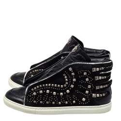 Pre Owned Roberto Cavalli Black Suede And Leather Studded Mid Top Sneaker Size 39