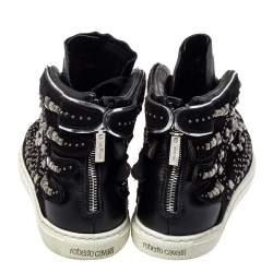 Pre Owned Roberto Cavalli Black Suede And Leather Studded Mid Top Sneaker Size 39