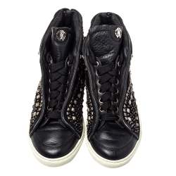 Pre Owned Roberto Cavalli Black Suede And Leather Studded Mid Top Sneaker Size 39