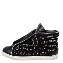 Pre Owned Roberto Cavalli Black Suede And Leather Studded Mid Top Sneaker Size 39