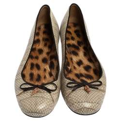 Pre Owned Roberto Cavalli Grey Python Embossed Leather Bow Ballet Flats Size 39.5