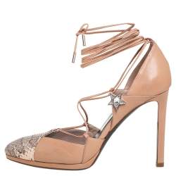 مملوكة مسبقًا Roberto Cavalli Beige Leather And Python Cap Toe Ankle Wrap Pumps Size 38