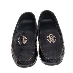 Pre Owned Roberto Cavalli Black Croc Embossed Leather Slip on Loafers Size 40
