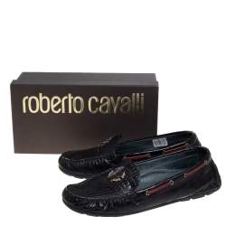 Pre Owned Roberto Cavalli Black Croc Embossed Leather Slip on Loafers Size 40