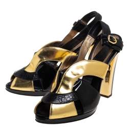 Roberto Cavalli Black/ Gold Patent Leather  And Leather  Ankle Strap Sandals Size 38