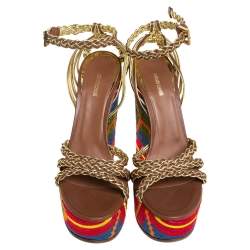Pre Owned Roberto Cavalli Mutlicolor Braided Leather Wedge Platform Ankle Strap Sandals Size 39