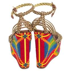 Pre Owned Roberto Cavalli Mutlicolor Braided Leather Wedge Platform Ankle Strap Sandals Size 39