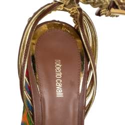 Pre Owned Roberto Cavalli Mutlicolor Braided Leather Wedge Platform Ankle Strap Sandals Size 39