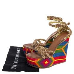 Pre Owned Roberto Cavalli Mutlicolor Braided Leather Wedge Platform Ankle Strap Sandals Size 39