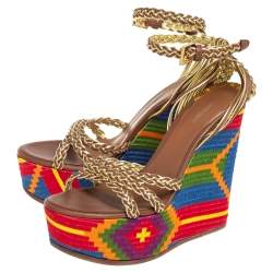 Pre Owned Roberto Cavalli Mutlicolor Braided Leather Wedge Platform Ankle Strap Sandals Size 39