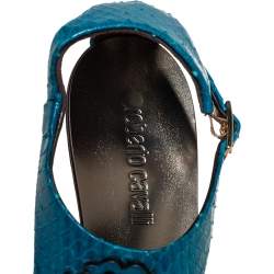 Pre Owned Roberto Cavalli Blue Python Embossed Leather Logo Embellished Thong Flat Sandals Size 39