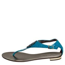 Pre Owned Roberto Cavalli Blue Python Embossed Leather Logo Embellished Thong Flat Sandals Size 39
