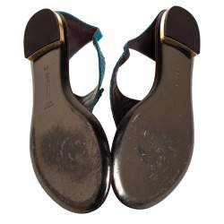 Pre Owned Roberto Cavalli Blue Python Embossed Leather Logo Embellished Thong Flat Sandals Size 39