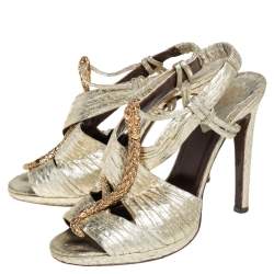 Roberto Cavalli Gold Python Snake Embellished Slingback Sandals Size 38