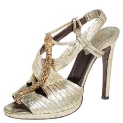 Roberto Cavalli Gold Python Snake Embellished Slingback Sandals Size 38