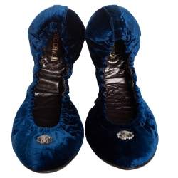 Pre Owned Roberto Cavalli Blue Velvet Srunch Ballet Flats Size 39