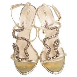 Pre Owned صندل روبرتو كافالي سترابي جلد ميتاليك وتفاصيل ثعبان مقاس 39 