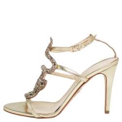 Pre Owned صندل روبرتو كافالي سترابي جلد ميتاليك وتفاصيل ثعبان مقاس 39 