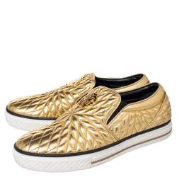 Pre Owned Roberto Cavalli Gold Quilted Leather Logo Embellished Slip On Sneakers Size 38