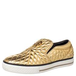 Pre Owned Roberto Cavalli Gold Quilted Leather Logo Embellished Slip On Sneakers Size 38