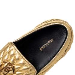 Pre Owned Roberto Cavalli Gold Quilted Leather Logo Embellished Slip On Sneakers Size 38