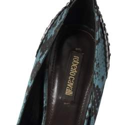 Pre Owned Roberto Cavalli Black/Blue Python Print Satin And Patent Leather Pointed Toe Pumps Size 37